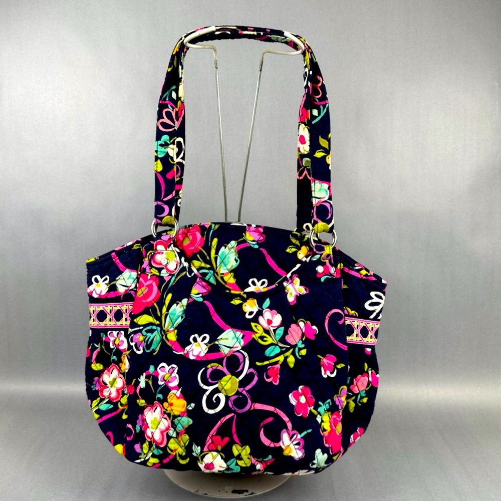 RET Vera Bradley Cancer Awareness Quilted Tote | Navy w Bright Garden Scene |EUC